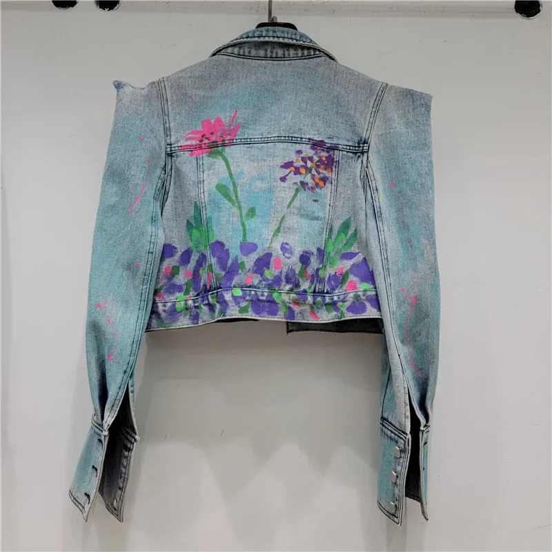 

2024 Spring Autumn New Design Sense Fashionable Shoulder Heavy Industry Hand-painted Long Sleeved Denim Short Coat Women