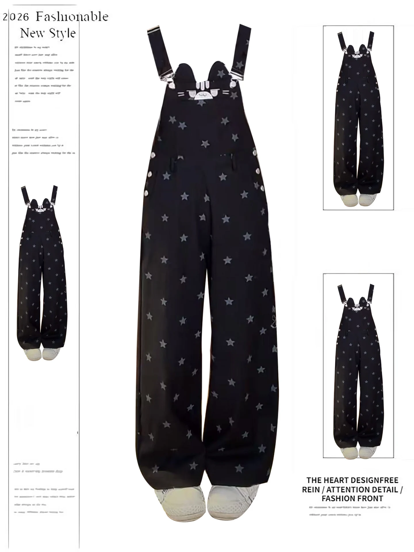 

Retro American Cute Embroidery Denim Overalls Women's Summer New Design Wide Leg Pants High Waist Straight Leg Cotton