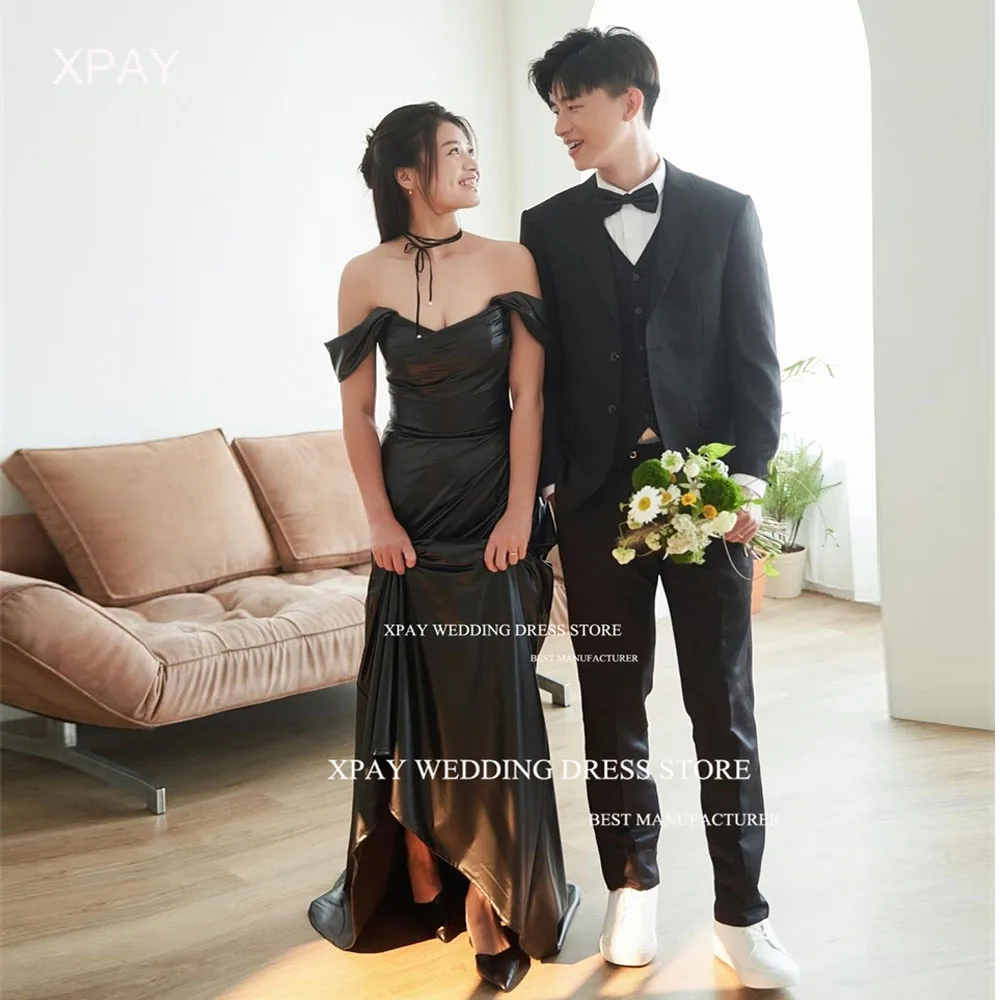 

XPAY Modern PU Black Korea Evening Dresses Sweetheart Off Shoulder Formal Prom Gown Backless Wedding Party Dress Photos Shoot