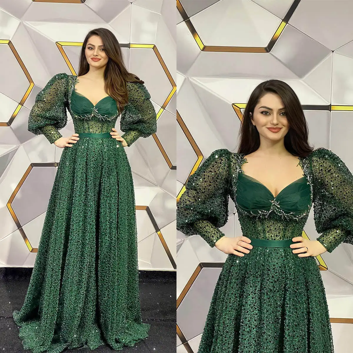 

Elegant A Line Prom Dresses Long Sleeve Floor Length Evening Dresses Beadeds Crystal Birthday Party Customized Dresses