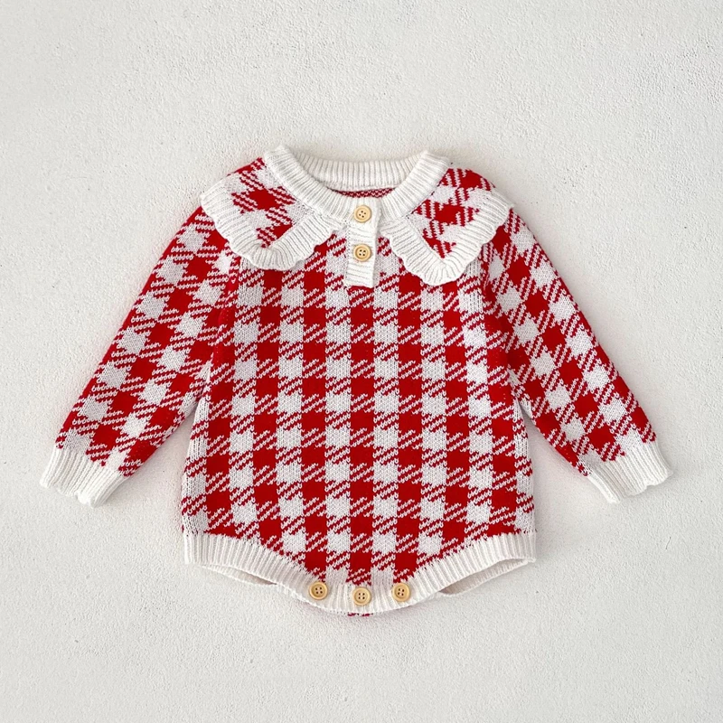 Autumn New 0-3 Year Old Baby Clothing Cute Baby Girl Red Thousand Bird Grid Cotton Knitted Triangle Crawler