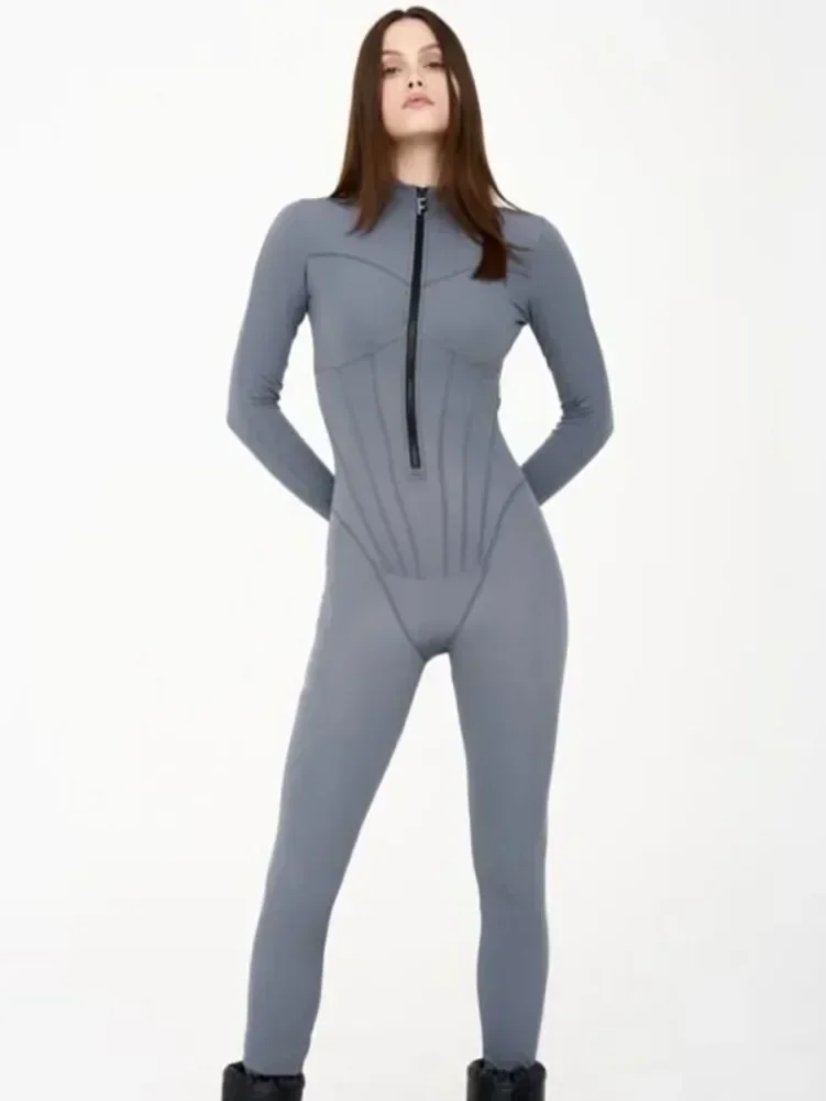 Sexy elegan wanita Zip-up O-neck lengan panjang Jumpsuit Streetwear 2024 musim gugur wanita overall One Piece kebugaran olahraga bodysuit