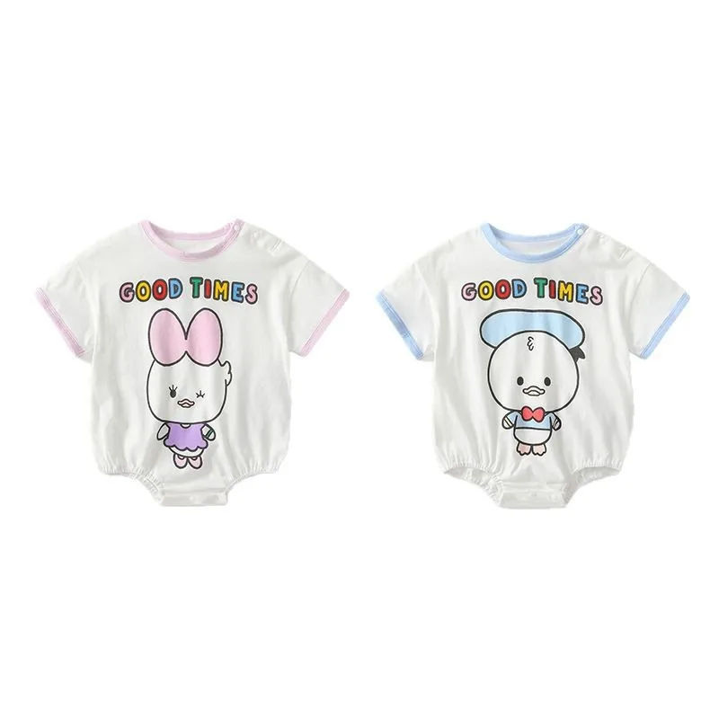

MINISO Cartoon Donald Duck Daisy Baby Boy Girls Summer Short Sleeve Fart Coat Romper Infant Soft Bodysuit 0-1 Years Jumpsuits