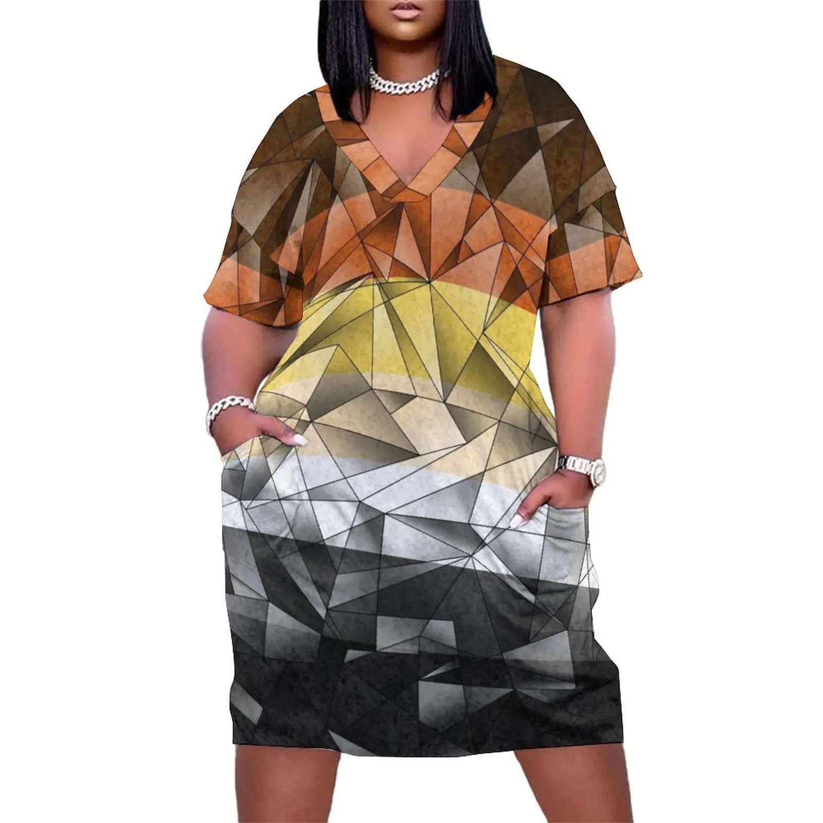 Abstract Fractal Triangles Gay Bear Pride Flag Pattern Loose Pocket Dress birthday dress dress