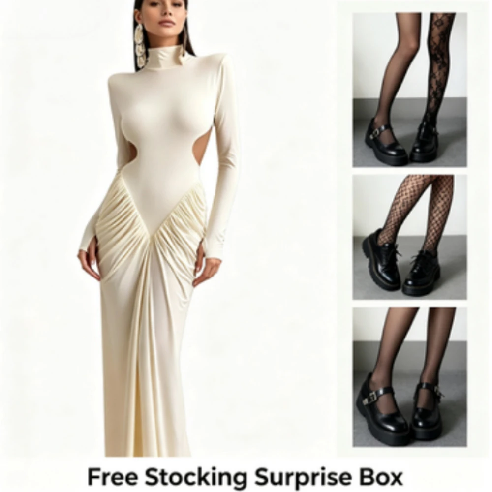 

Женское сексуальное вечернее платье макси с драпировкой, открытой спиной, высоким воротом, расклешенным подолом «русалка», длинными рукавами, в пол