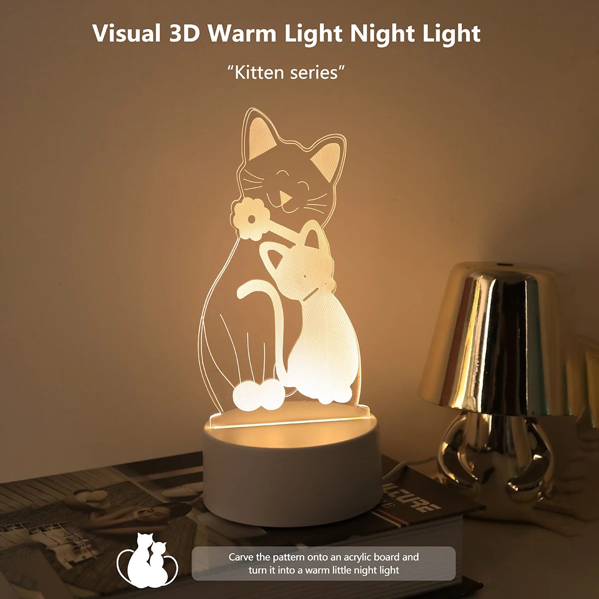 3D Embrace Cat Acrylic Visual Night Light LED Children\'s Night Light Bedroom Decoration Atmosphere LightSuitable for Bedroom