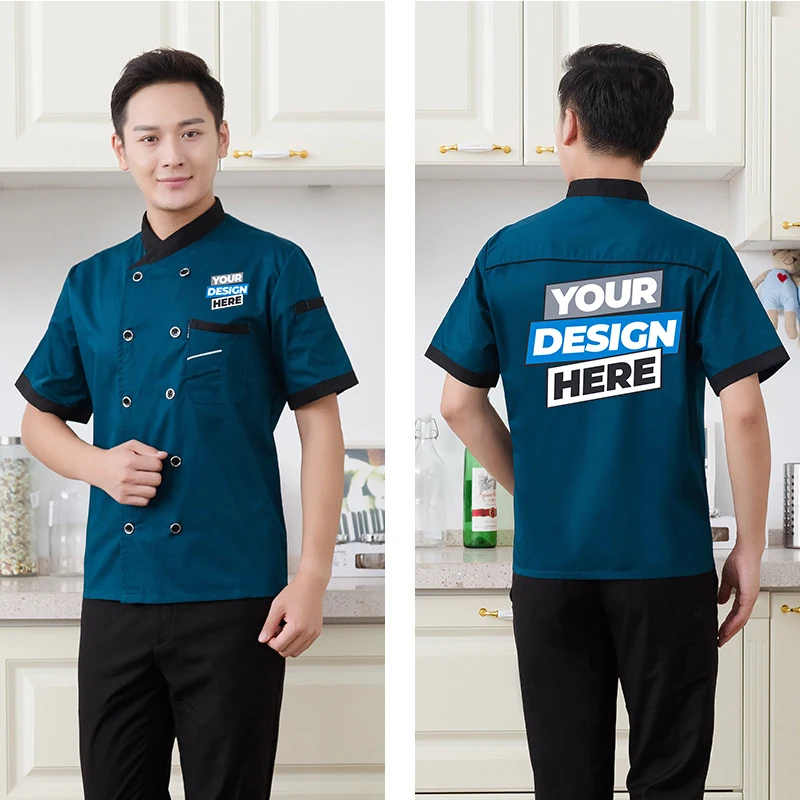 1 pièces logo personnalisé Chef veste restauration restauration Restaurant Chef vestes à manches courtes unisexe chemise conception gratuite taille M-4XL