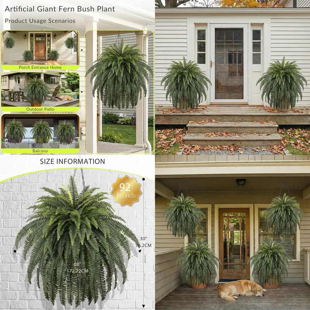 

Устойчивый к УФ-излучению куст бостонского папоротника с 92 стеблями, подходит для использования на улице и в помещении, прочный, для декора веранды, патио и сада.