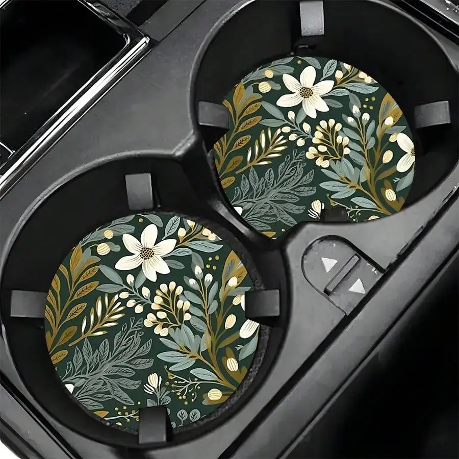 2pcs Floral Car Cup Holder Mats Universal Non-Slip Water Absorbent Knitted Fabric With Rubber Backing