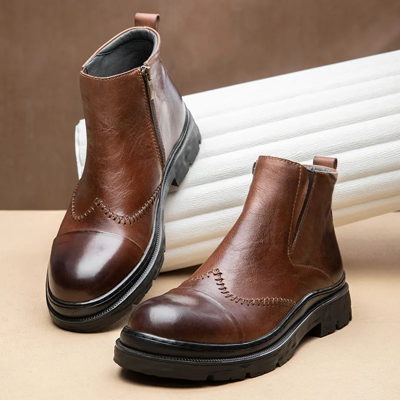 

Luxury Genuine Cow Leather Mens Chelsea Boots Handmade Quality Round Toe British Trend Autumn Elegant Casual Business Shoes Male