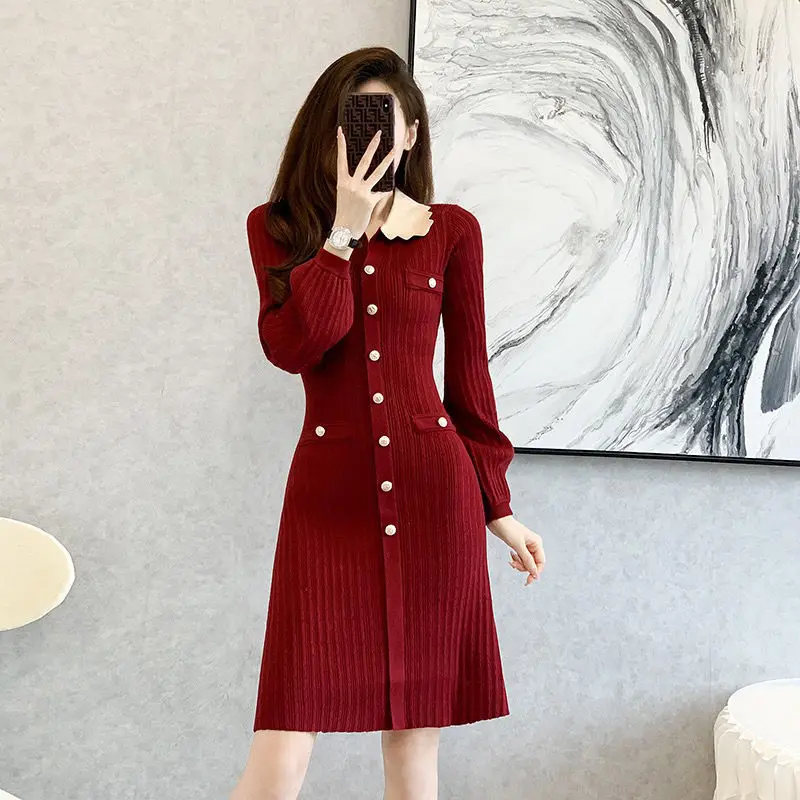 

Elegant French Style Knitted Dresses Women's Clothing Vintage Contrasting Colors Lapel Spring Autumn New A-Line Waist Midi Dress