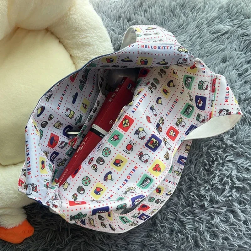 Sanrio Kawaii Hello Kitty Canvas Bags Anime Kt Cat Shoulder Bag Women Casual Tote Foldable Handbag Large Capactiy Storage Bag