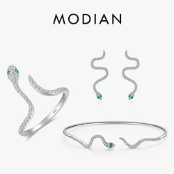 MODIAN 925 Sterling Silver Punk Fashion Exquisite Clear CZ Snake Adjustable Rings Bangle Earrings For Women Fine Jewelry Sets