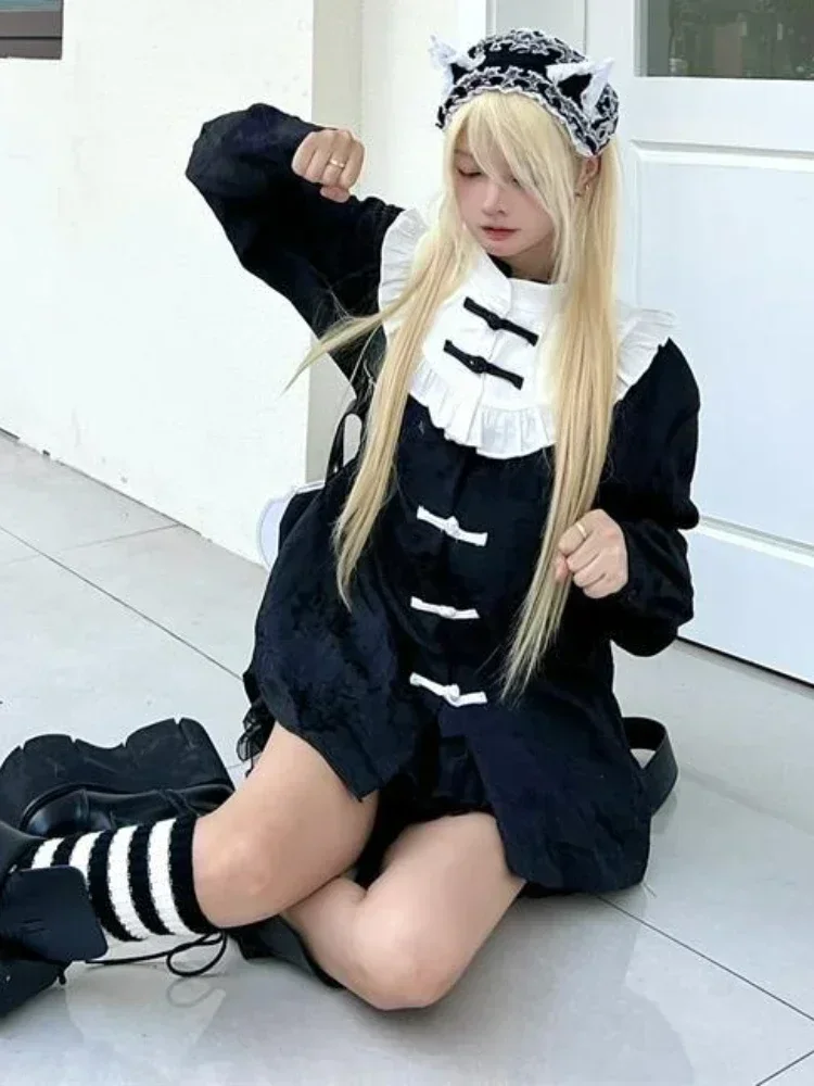 

Autumn New Y2k Aesthetic Patchwork Women Shirts Ruffled Chinese Style All Match Blouses Fashion Harajuku Casual Blusas De Mujer