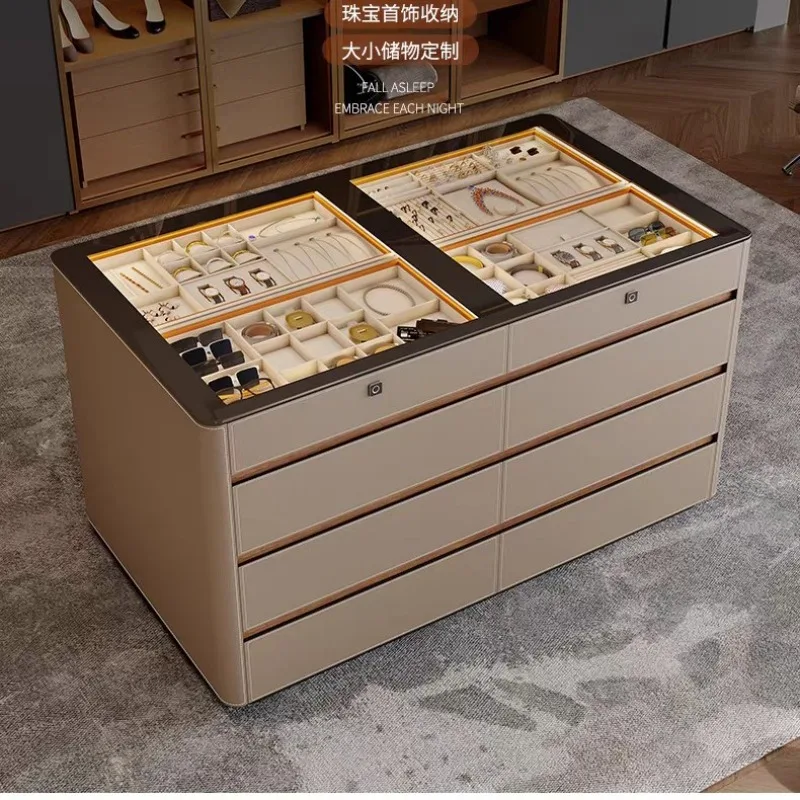 Light luxury walk-in closet, saddle leather island cabinet, haute couture villa bedroom fingerprint lock storage cabinet, jewelr