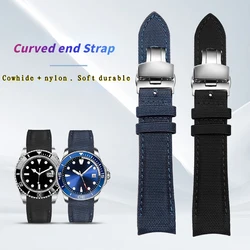 20mm Nylon +cowhide Watchband for Omega Speedmaster Moonwatch 300 AT150 Planet Ocean Seiko Canvas Fabric butterfly buckle Strap