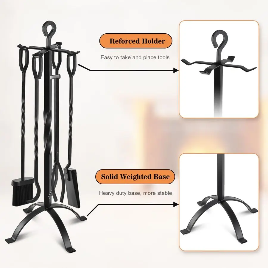 مجموعة أدوات الموقد 5 قطع 32 بوصة حديثة من الحديد المطاوع باللون الأسود مجموعة أدوات نار كبيرة للأماكن الخارجية والداخلية تتضمن مدخنة البوكر والطن #3