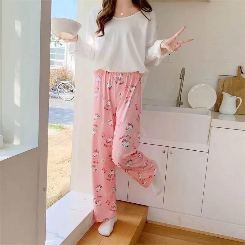 Cartoon Hello Kitty Pajamas Trousers Comfortable Cotton Home Trousers Soft Y2K Women\'S Trousers Loose And Cute Straight Trousers