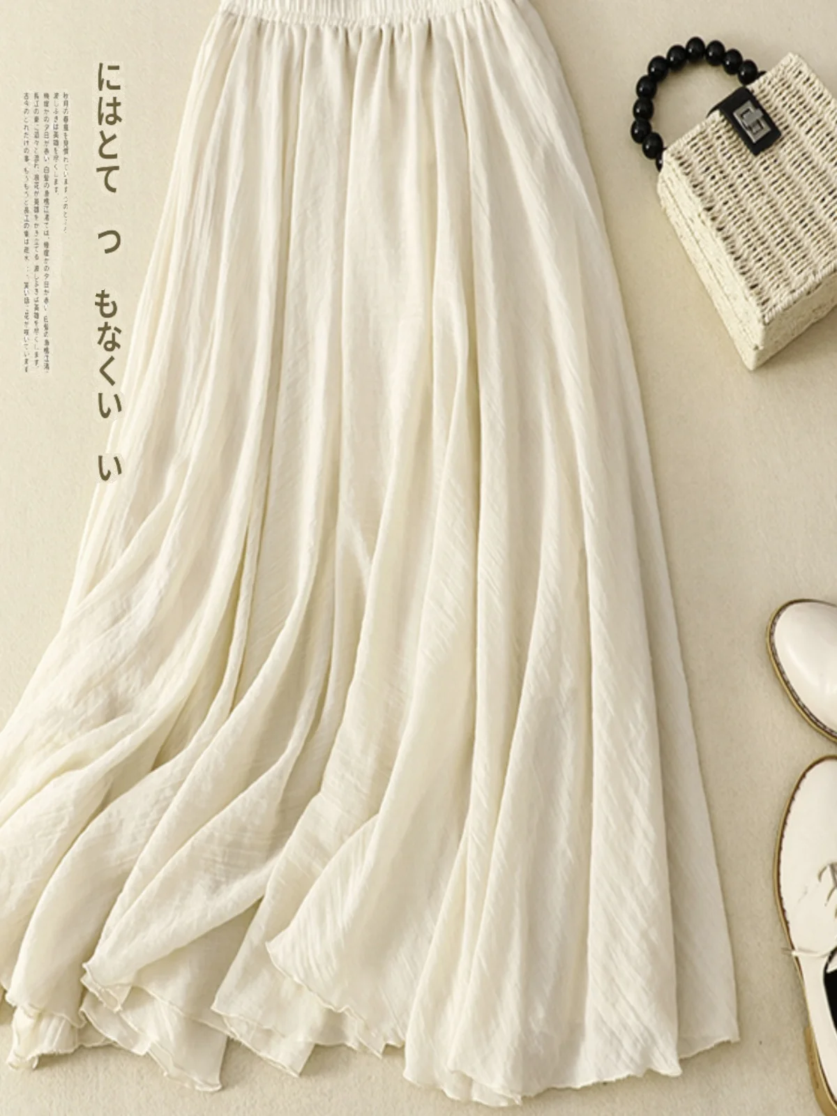 Japan Style Double Layer Ramie Skirt for Women Summer Fashion Elastic Waist Solid Color Loose Casual A-line Vintage Frock Female