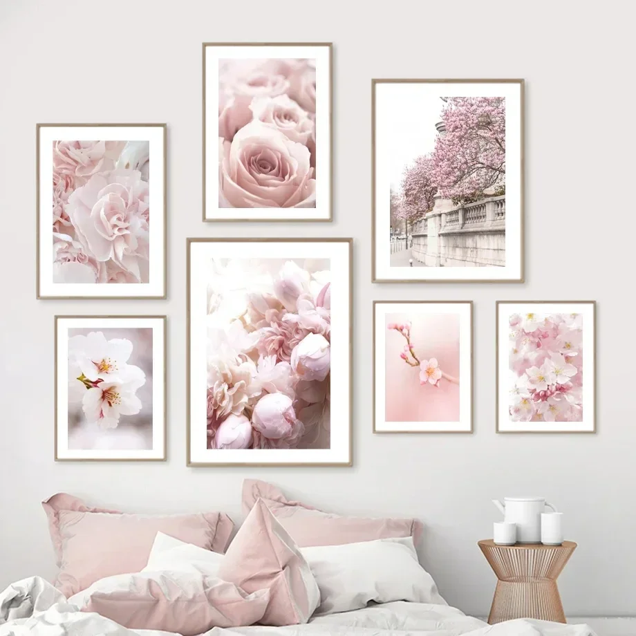 Wall Art Pink Cherry Blossoms Rose Peonies Orchids Oil Painting Landscape Posters and Prints Living Room Home Decoration Murals