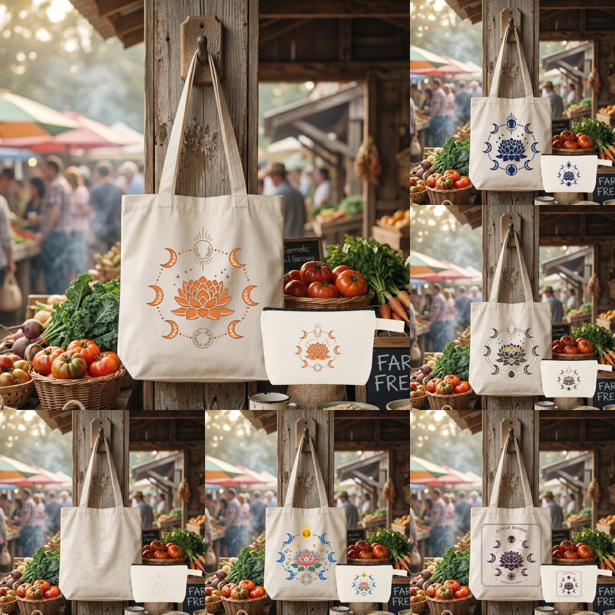 

1 Set 35×38.5cm Canvas Tote & Pouch Set, Mystic Moon Phase Lotus Floral Print Boho Spiritual Casual Shoulder Bag Combo