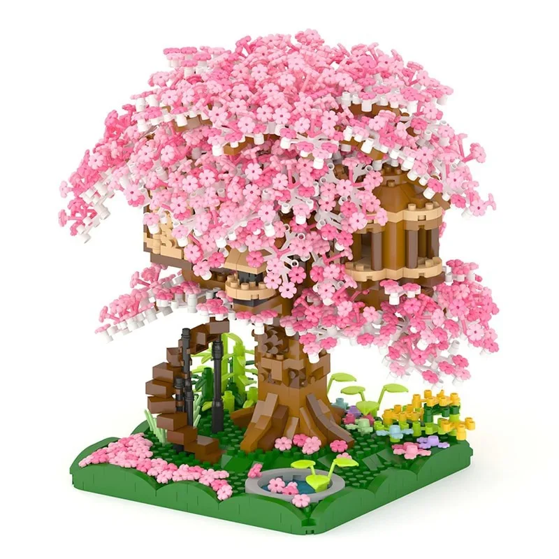 LJ 605 Architectuur Sakura Boomhut Tuin Roze Bloem Plant Veld Mini Diamant Blokken Bakstenen Bouwspeelgoed voor Kinderen geen Doos