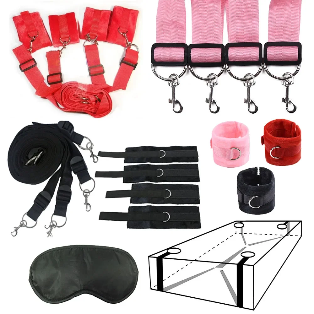 Short Plush Adjustable Bed Restraint Belt Handcuffs Ankle Cuffs Belts Kit on Bed BDSM Bondage Adults Sex Toys for Woman Men Play