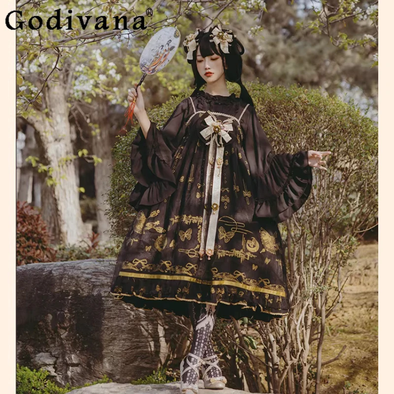 

Temperament Lolita Black JSK Chinese Personality Slash Neck Suspender Dress Sweet Girls High Waist Dark Princess Party Dresses