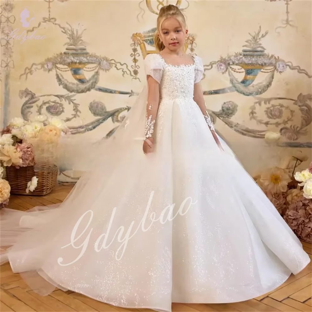 Fluffy  Children White Girl Flower Dress Wedding For Long Sleeves Performance Party Pageant Beauty Pageant Dresses