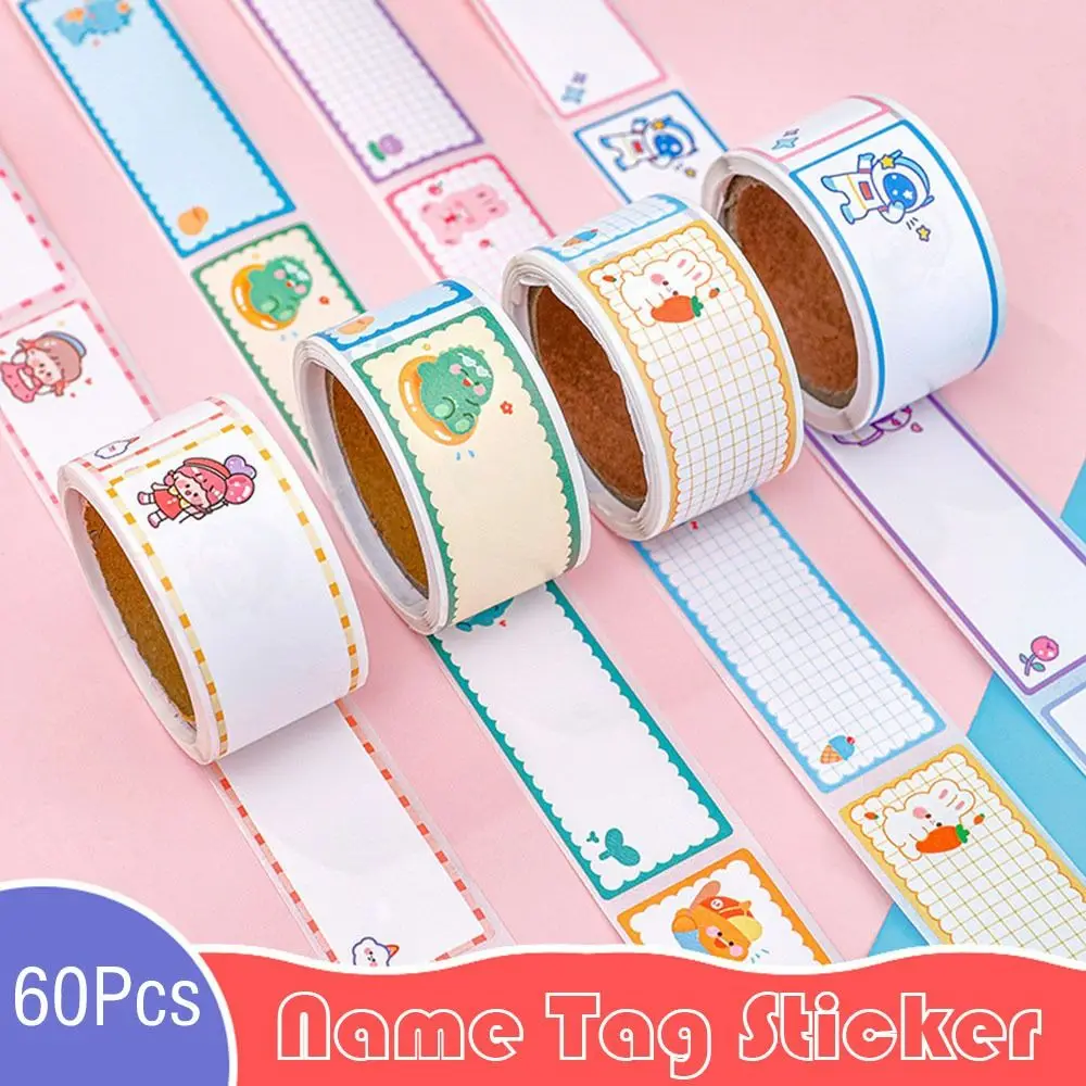 60Pcs/Roll Durable Writable Name Sticker Cartoon Blank Labels Sticker Student Stationery Self-adhesive Tag Sticker
