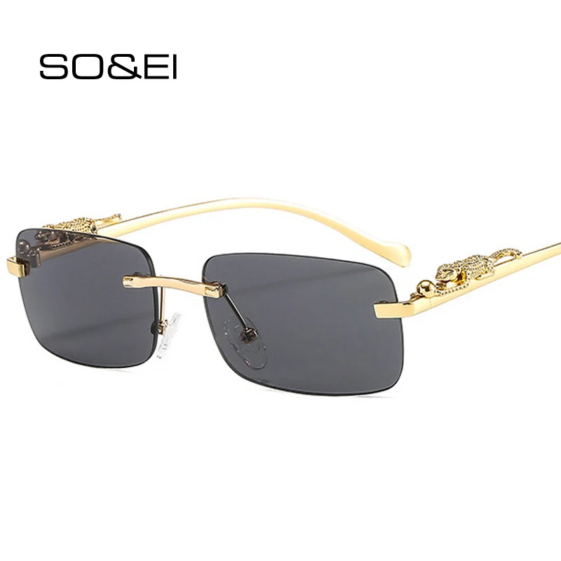 SO&EI Fashion Rimless Rectangle Sunglasses Women Retro Cheetah Decoration Clear Ocean Lens Eyewear Men Sun Glasses Shades UV400