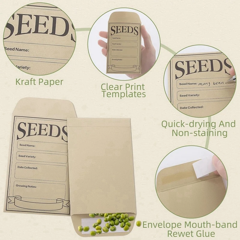 Self Sealing Kraft Envelopes para armazenamento de sementes, Resealable Seed Saving Envelopes, durável, pequeno, 100pcs