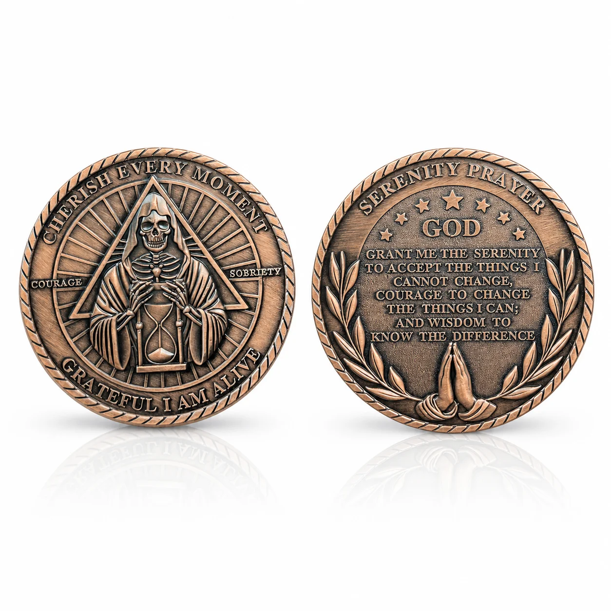 Gothic Skeleton Copper Coin Praying To God-GRATEFUL I AM ALIVE Commemorative Coin COURAGE SOBRIETY Token Medal in capsule