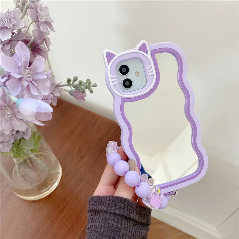 

Silicone Makeup Mirror Cover with Bead Chain, Cover for iPhone 13 Pro Max, 14Plus, 12, 11, XS, XR, X, XS Max HD, Dropship