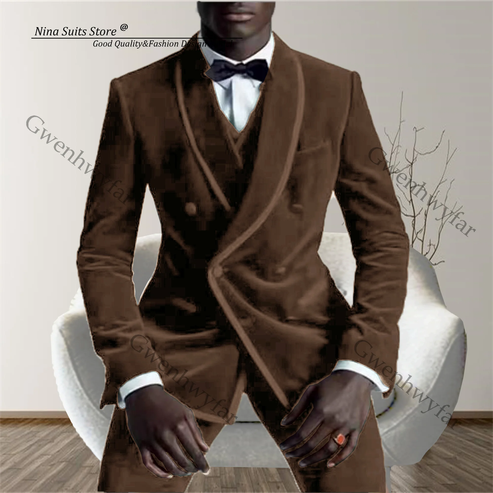Gwenhwyfar Tailor-Made New Brown Velvet Suits for Men Slim Fit Best Man Grooom Wedding Suits Tuxedo Double Breasted 3 Pieces Set