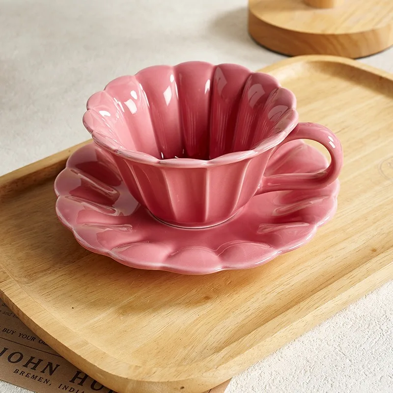 Pink Ceramic Coffee Cup and Plate Set, Gradient Color, Household Drinking Utensils, Kitchen, Living Room, Dining Table Decoratio