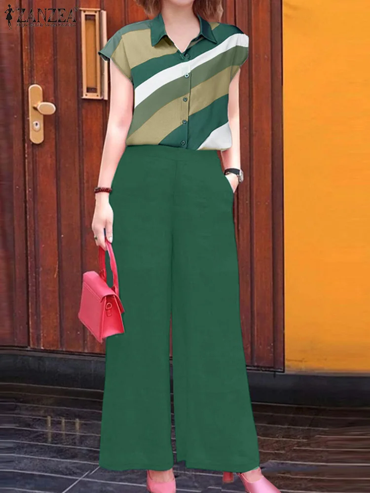 

2025 ZANZEA Summer Trousers Suit Fashion 2PCS Women Outfits Matching Sets Casual Work OL Tracksuits Short Sleeve Printed Blouse