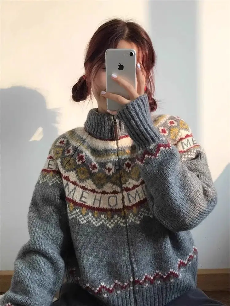 

Women's Vintage High Neck Knitted Cardigan Autumn Fashion Knitted Thin Coat Female Comfortable Long Sleeves Outerwear Knitwear