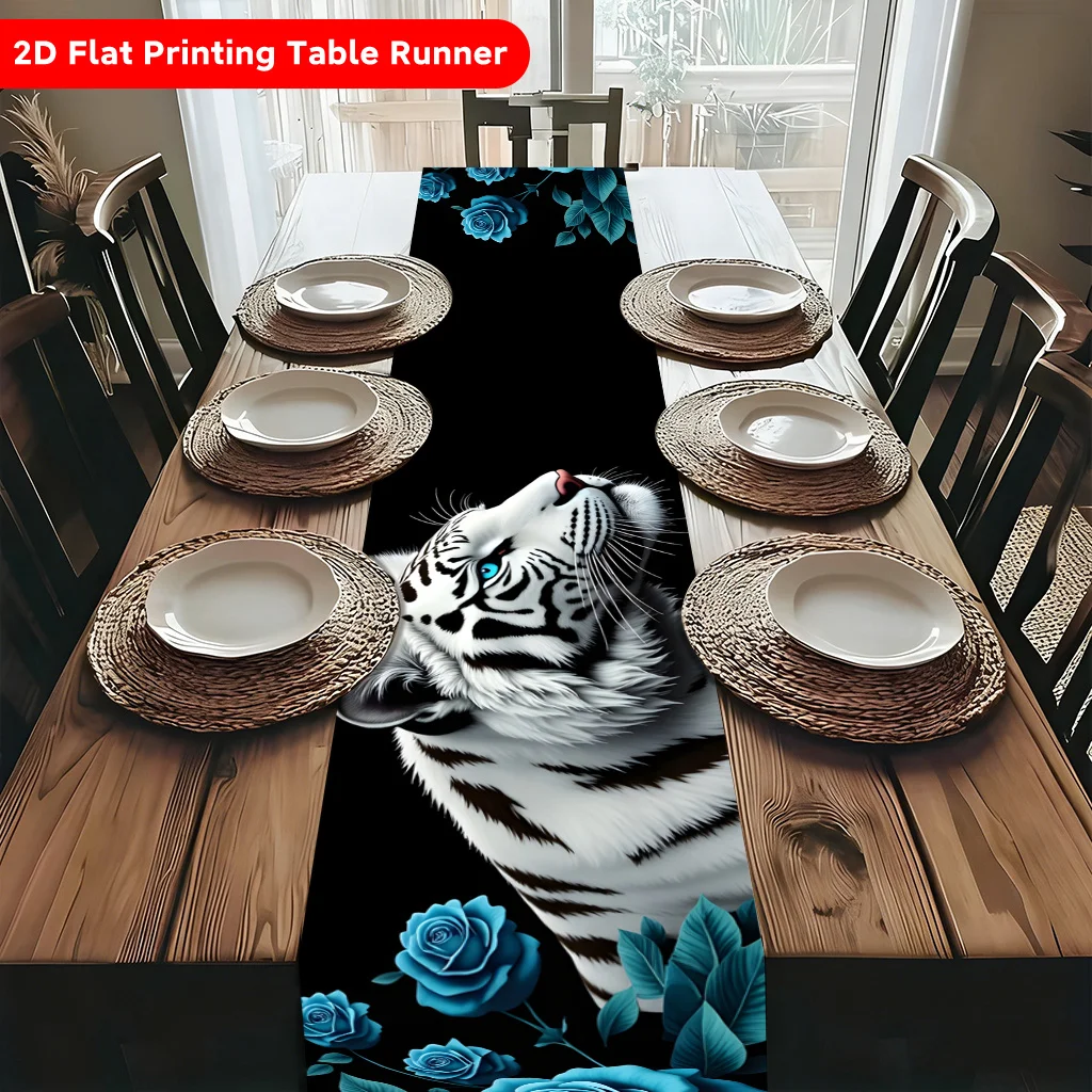 1 Piece of White Tiger Looking at the Screen Blue Rose Table Runner, Suitable for Farmhouse, Indoor, Kitchen, Celebrations, Table Decoration, Restaurant, and Banquet Decoration Supplies