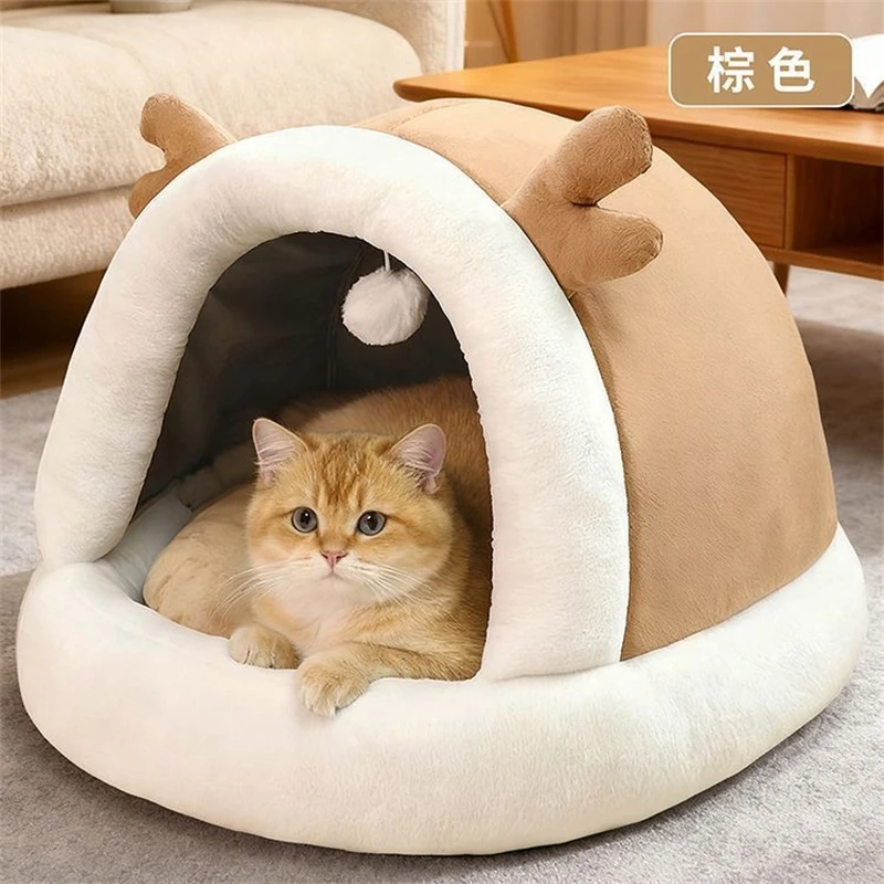 

Кровать для кошек, зимняя теплая закрытая уютная рога, спальное гнездо для кошек и маленьких собак, домашний домик для домашних животных, спальня, Рождественский подарок для женщин