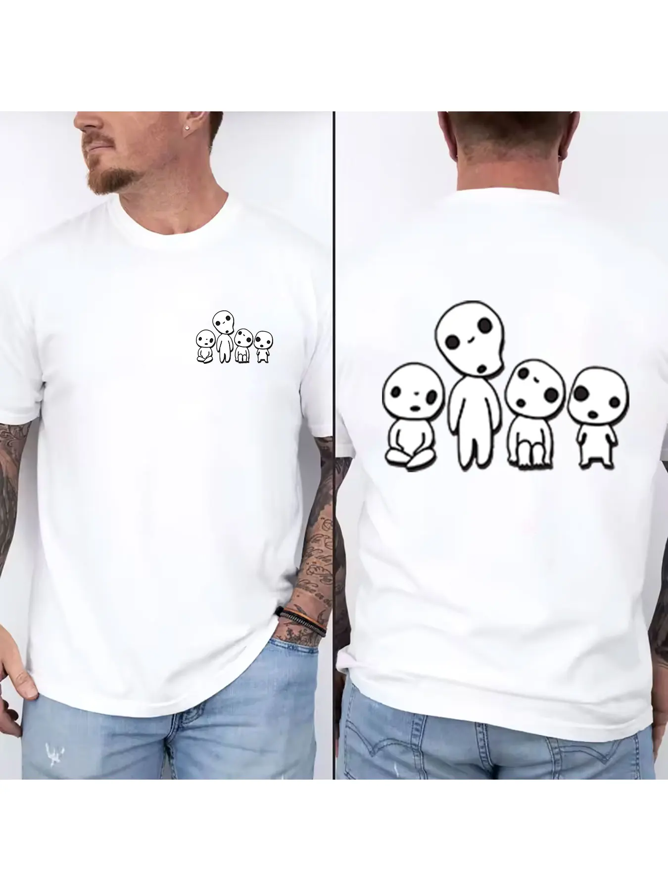 Men's Pure Cotton Crew Neck T-Shirts with Cute Cartoon Spirit Prints, Casual Loose Fit Short Sleeve Tees, Lightweight Breathable