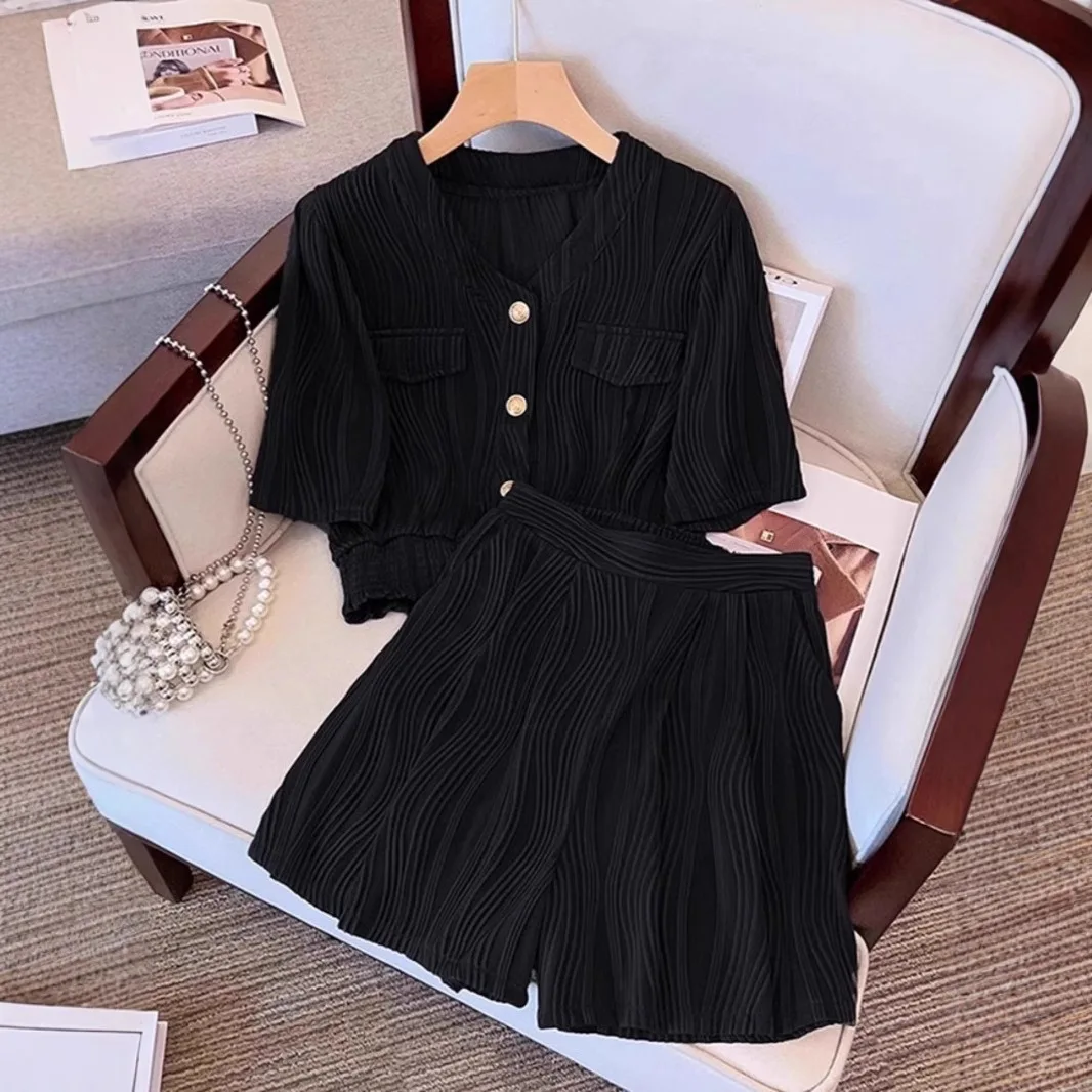 

Fashion Short Sleeved Set for Women in Spring and Summer Korean Version Loose Wide Leg Shorts Casual Two-piece Set