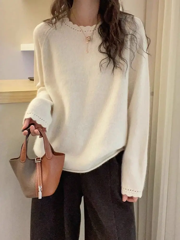 Lace Trim round Ne Knitwear Women's Loose Casual Sle Autumn Winter Faionable Slimming Versatile Top for Younger Look