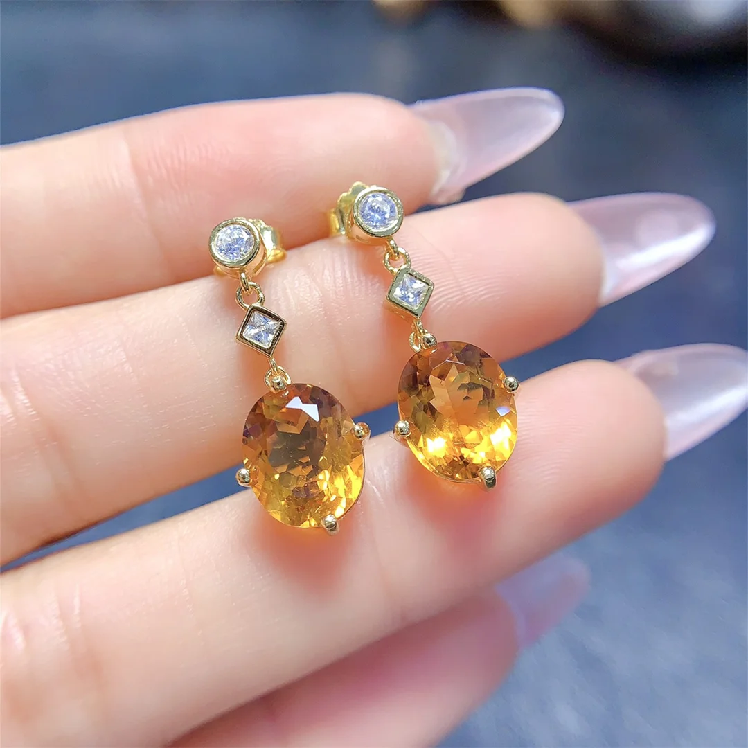 

FS S925 Sterling Silver 8*10mm Natural Citrine Earrings for Women Fine Fashion Charm Weddings Jewelry Certificate MeiBaPJ