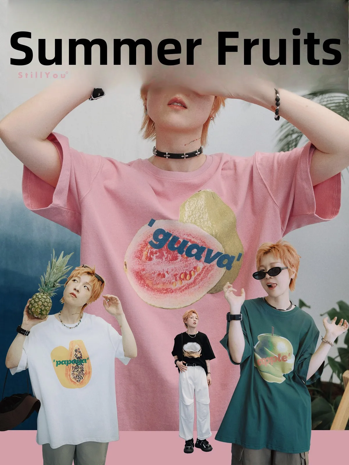 

STILLYOU Original Fun Tropical Fruit Print ort Sve T-irt Loose round Ne Cotton Summer Casual Wear for Couples