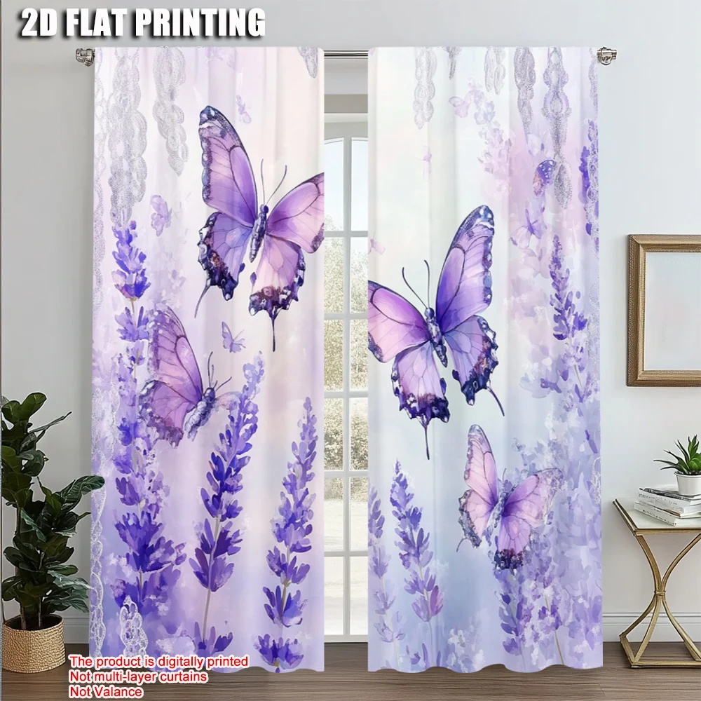 2pcs, Print Curtains 2D print Lavender Dreamy Purple Butterfly Polyester (without rod) Stuff Clearance Use for Living Room,