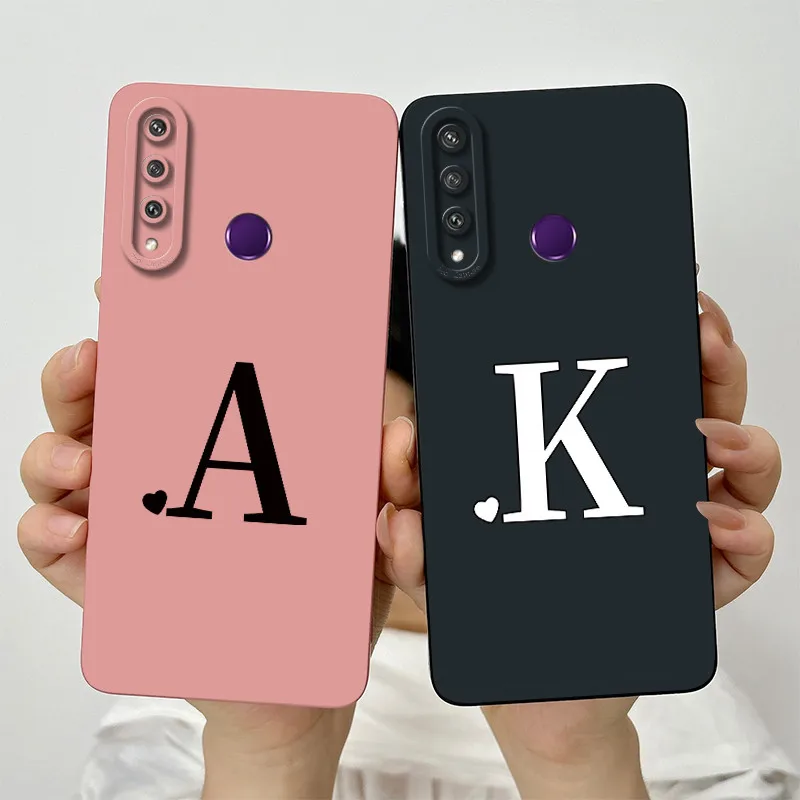 For Huawei Y6P Case Huawei Y7P Cover MED-LX9N ART-L28 ART-L29 2020 Cute Initial Letters Square Phone Case Shockproof Back Cover