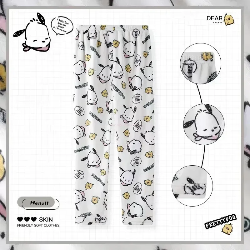 MINISO Sanrio Anime Kuromi My Melody Cinnamoroll Flannel Pajamas Pants Pj Fashion Womens Men Kawaii Woolen Cartoon Casual Home