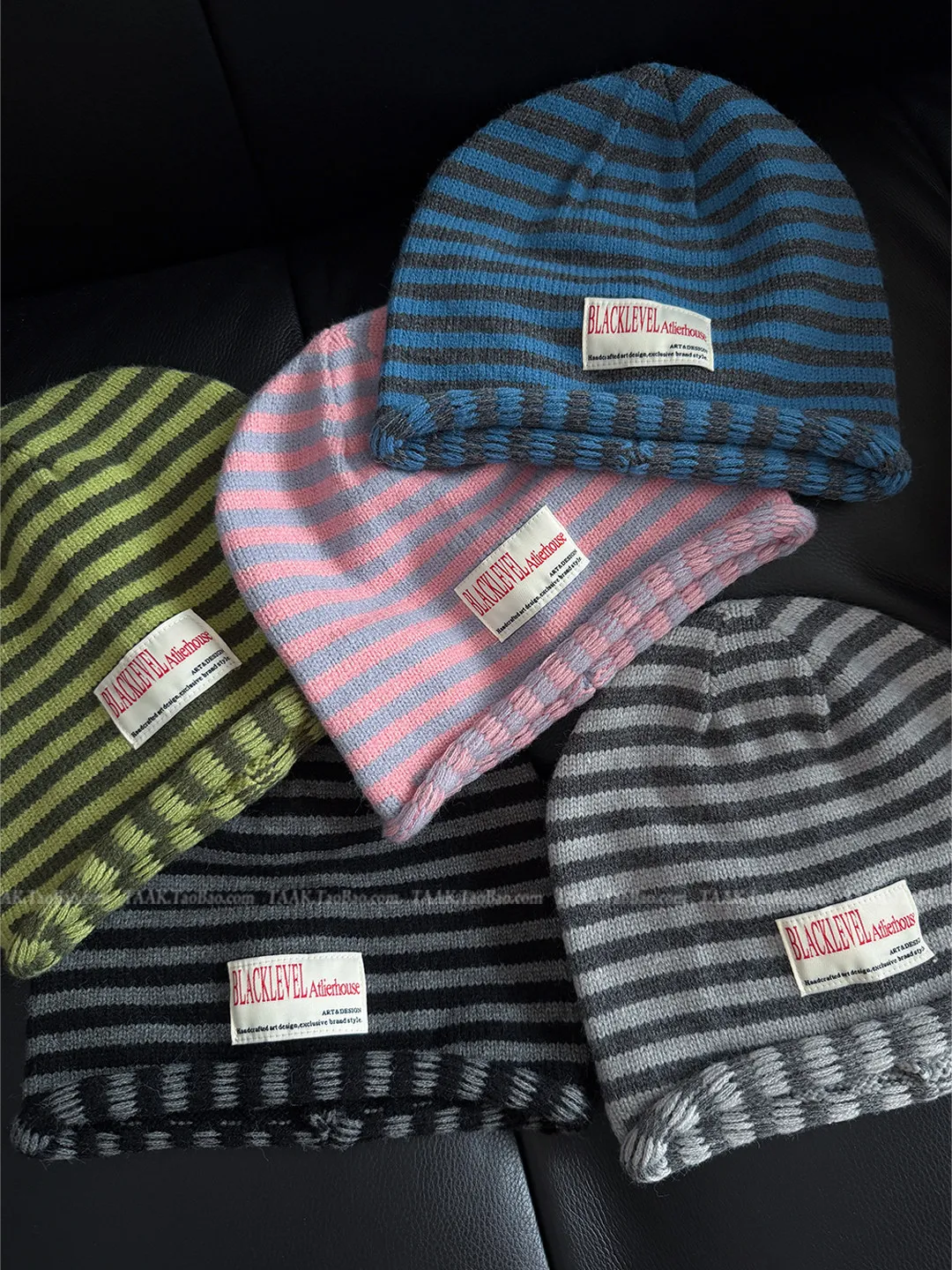 Women Korean Ins Striped Knit Beanie Woven Label Slouchy Face‑Flattering Pull‑On Skull Cap Soft Warm Knitted Hat  Autumn Winter
