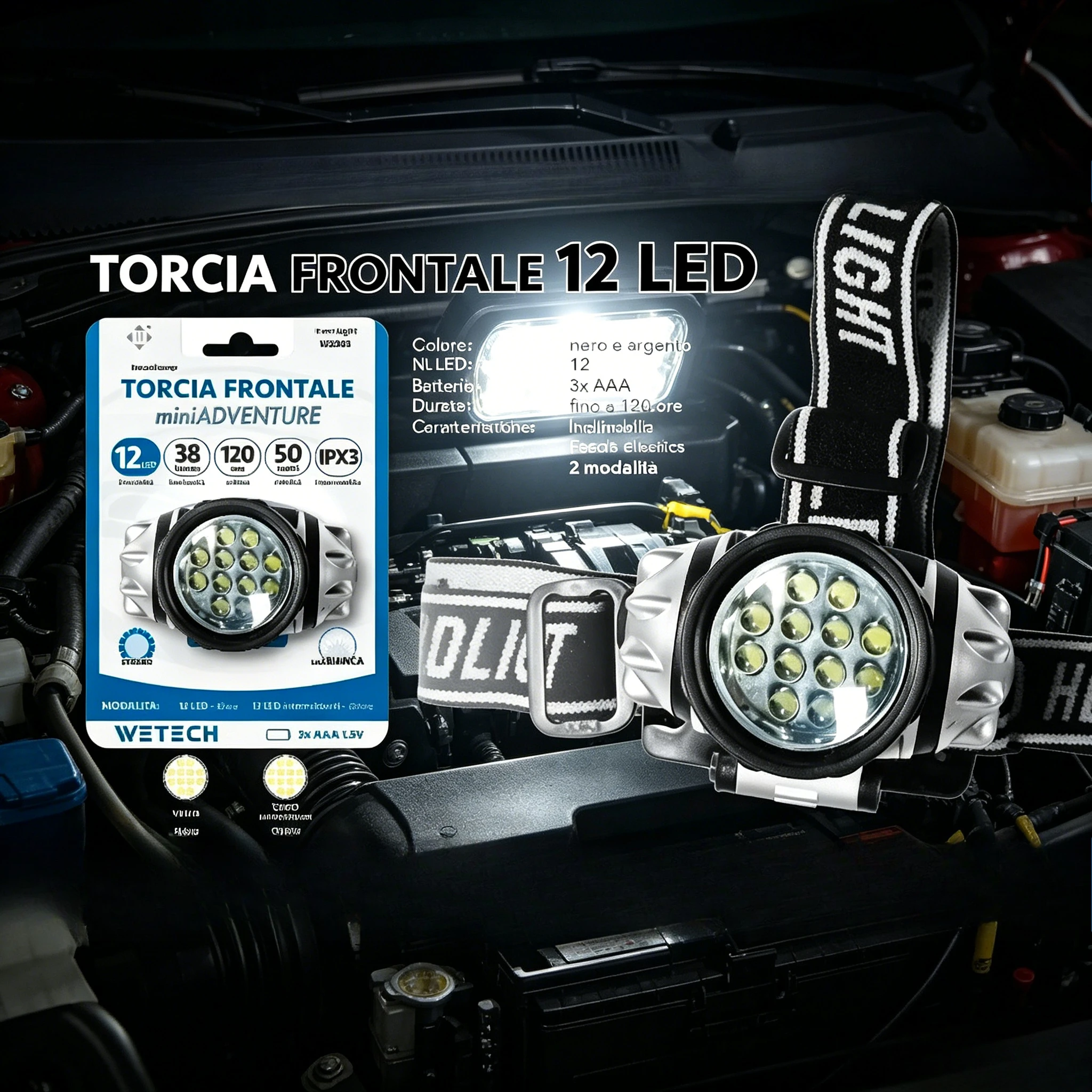 Lampada frontale a LED con fascio di luce regolabile, 12 LED, cinturino elastico, impermeabile IPX3, da indossare sulla testa, 2 modalità di illuminazione, ideale per la pesca, la riparazione di auto,